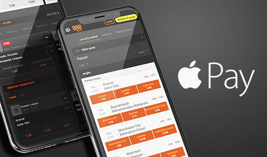 Piețele sportive de la 888sport pe diferite dispozitive mobile și sigla de Apple Pay.