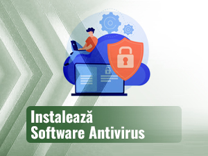 Animație cu un băiat care verifică măsurile de siguranță de pe laptop și instalează antivirus.