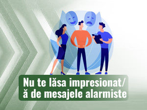 Trei personaje care se sfătuiesc alarmant și care au două măști în spatele lor.