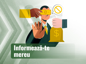 Un personaj legat la ochi care refuză banii proveniți din surse necunoscute.