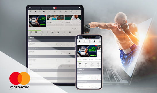 Piețele sportive de la NetBet pe diferite dispozitive mobile și sigla de Mastercard.