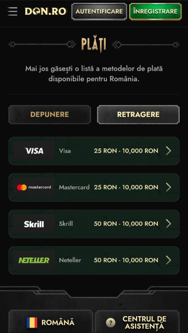 Metode de retragere și limitele lor la Don.ro Casino