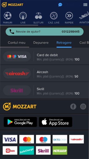 Metode de retragere și limita minimă de retragere la Mozzart Casino