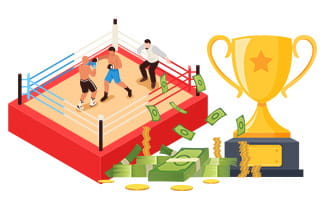 Arenă de box cu luptători și arbitru