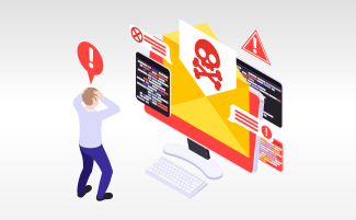 Un bărbat panicat se uită la un virus malware pe ecranul unui computer.