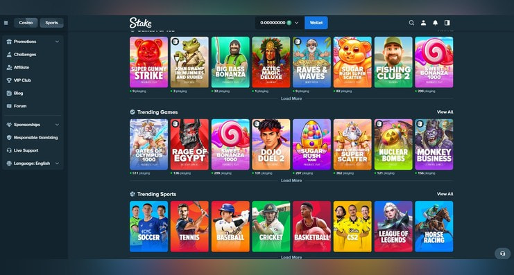 Captură de ecran cu lobby-ul cazinoului online Stake, cu secțiunile Trending Games și Trending Sports.