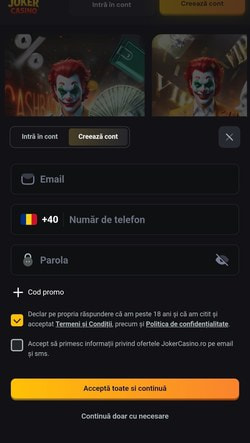 Pas pentru înregistrarea pe site-ul Joker Casino: completarea adresei de e-mail, a numărului de telefon și crearea unei parole.