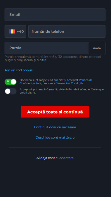 Primul pas de parcurs pentru înregistrarea contului la Las Vegas Casino