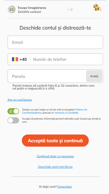 Câmpurile pentru completarea e-mailului și a numărului de telefon la înregistrarea contului pe platforma Luck