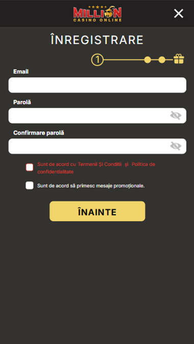 Primul pas pentru înregistrarea pe site-ul Million Casino: completarea adresei de e-mail și crearea unei parole.