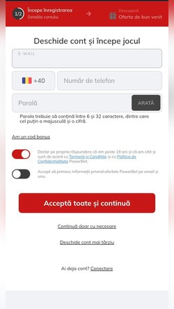 Primul pas de parcurs pentru înregistrarea contului la Powerbet - mobil