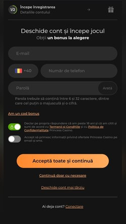 Primul pas pentru înregistrarea pe site-ul Princess Casino: completarea adresei de e-mail și crearea unei parole.