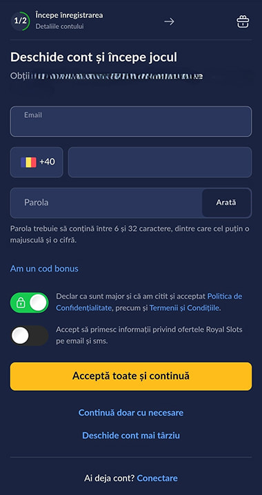 Câmpurile de completare la înregistrarea contului la Royal Slots Casino