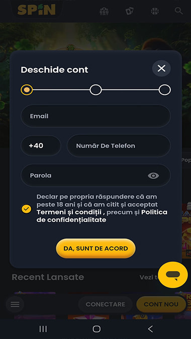 Pagina de înregistrare la Spin Casino, unde trebuie să completezi câmpurile obligatorii