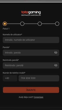 Primul pas de parcurs pentru înregistrarea contului la TotoGaming - mobil