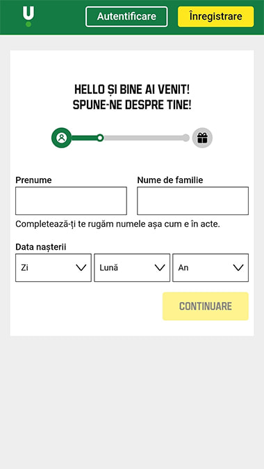 Câmpurile obligatorii de completat, aferente pasului de înregistrare la Unibet România