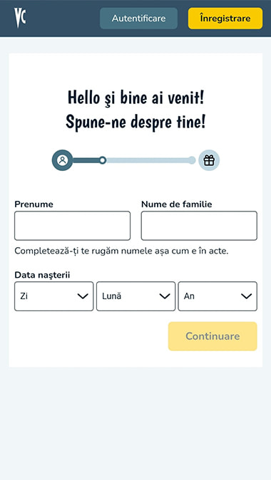 Primul pas de înregistrare la Vlad Cazino, care îți cere să completezi codul numeric personal, adresă și telefon mobil.