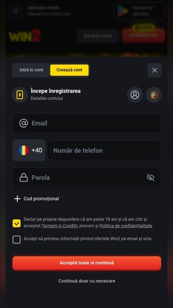 Primul pas pentru înregistrarea pe site-ul Win2 Casino: completarea adresei de e-mail și crearea unei parole.