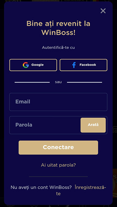 Primul pas la înregistrarea pe site-ul WinBoss, cu e-mail, contul Google sau profilul de Facebook.