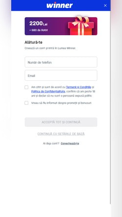 Primul pas de înregistrare la Winner, cu câmpurile pentru număr de telefon și e-mail și acordul pentru termeni